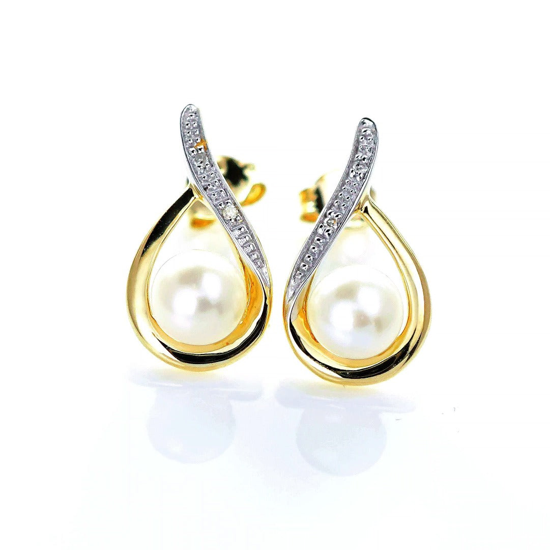 9ct Fresh Water Pearl Diamond Earrings Gold Studs Natural Gemstones