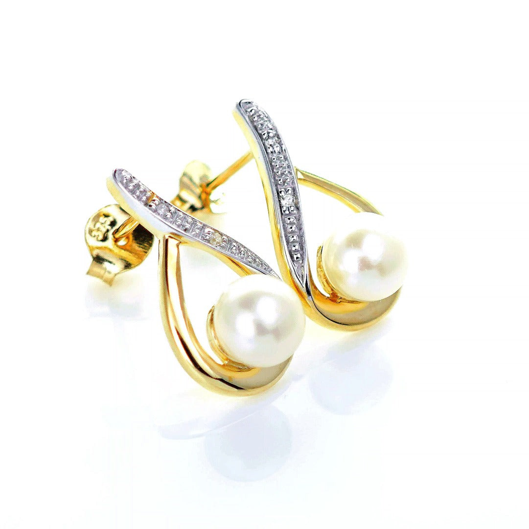 9ct Fresh Water Pearl Diamond Earrings Gold Studs Natural Gemstones