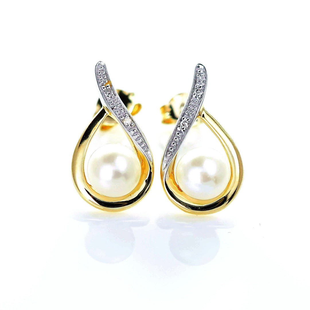 9ct Fresh Water Pearl Diamond Earrings Gold Studs Natural Gemstones