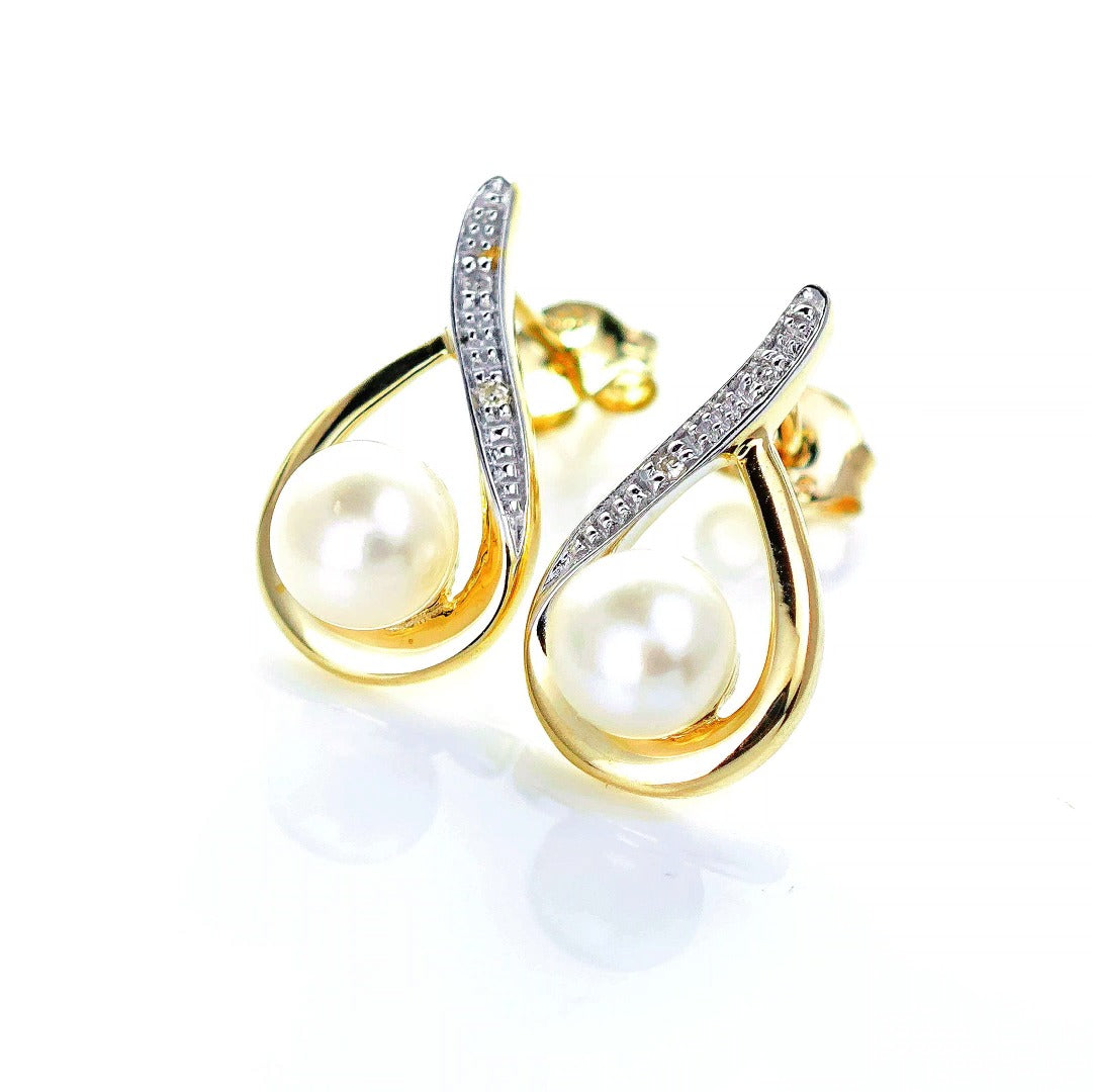 9ct Fresh Water Pearl Diamond Earrings Gold Studs Natural Gemstones
