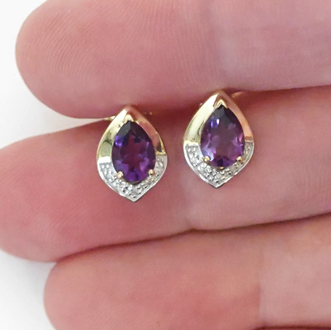 9ct Amethyst Diamond Earrings Gold Studs Natural Purple Gemstones 1.20ct