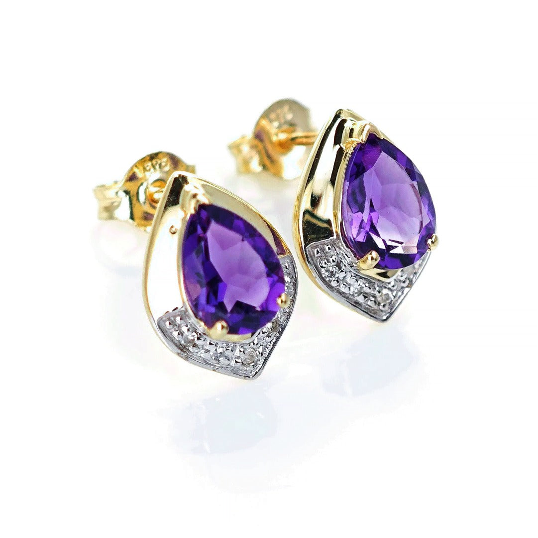 9ct Amethyst Diamond Earrings Gold Studs Natural Purple Gemstones 1.20ct