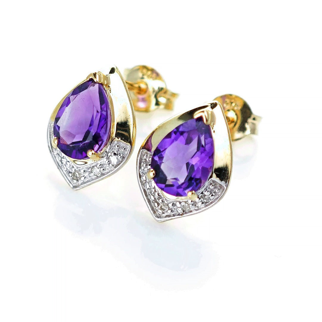 9ct Amethyst Diamond Earrings Gold Studs Natural Purple Gemstones 1.20ct