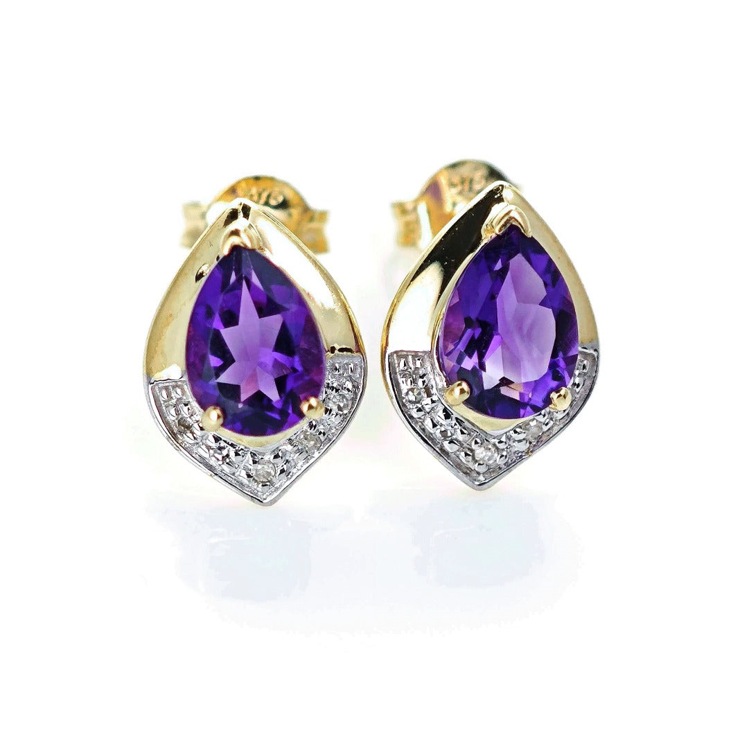 9ct Amethyst Diamond Earrings Gold Studs Natural Purple Gemstones 1.20ct