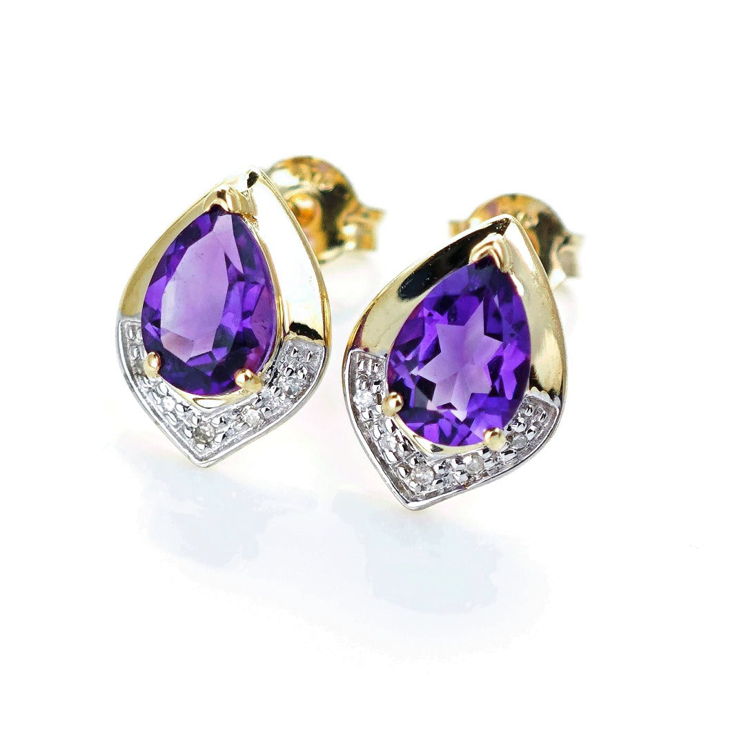 9ct Amethyst Diamond Earrings Gold Studs Natural Purple Gemstones 1.20ct