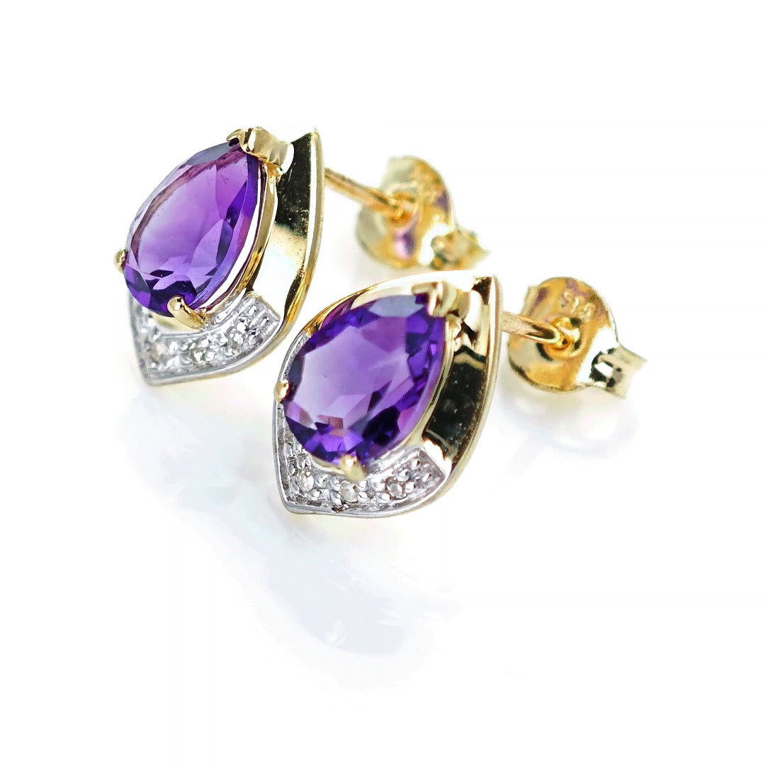 9ct Amethyst Diamond Earrings Gold Studs Natural Purple Gemstones 1.20ct