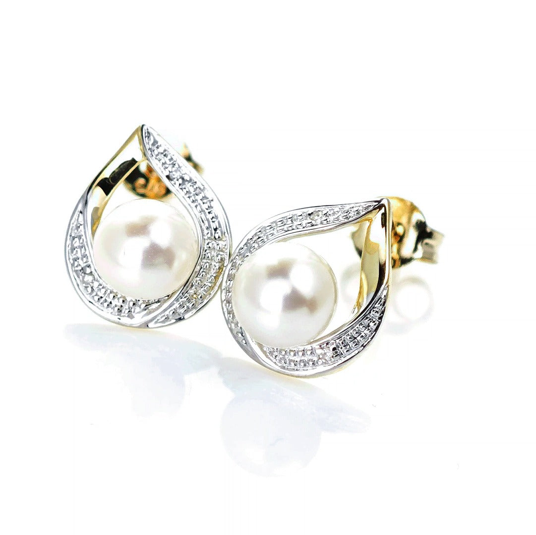 9ct Fresh Water Pearl Diamond Earrings Gold Studs Natural Gemstones
