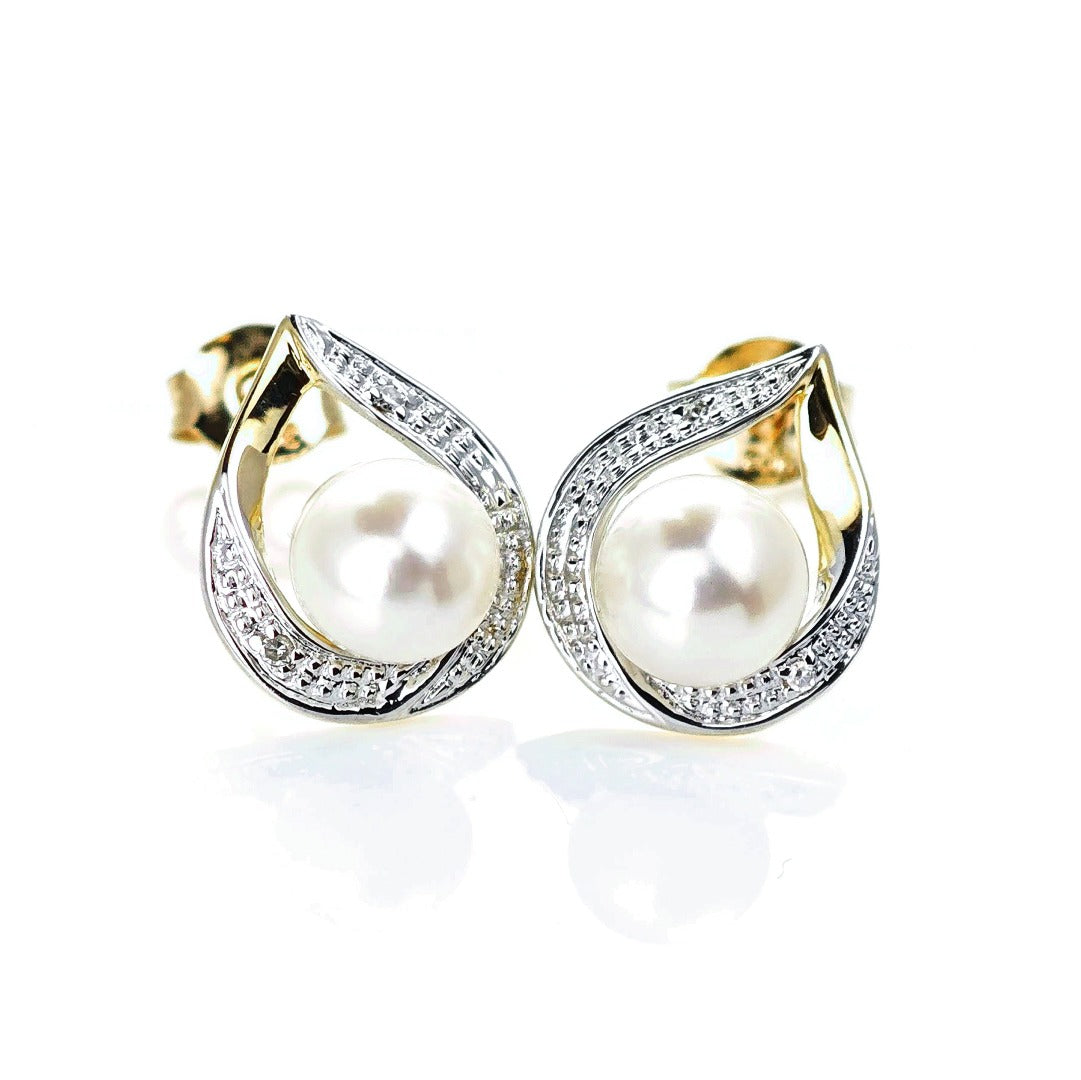 9ct Fresh Water Pearl Diamond Earrings Gold Studs Natural Gemstones
