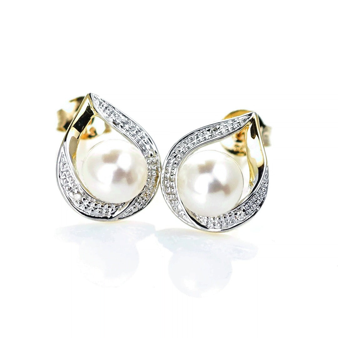 9ct Fresh Water Pearl Diamond Earrings Gold Studs Natural Gemstones