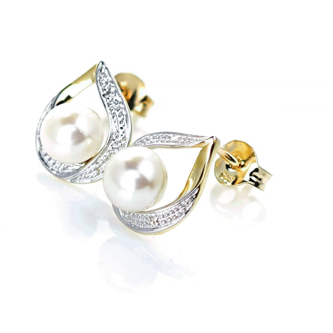 9ct Fresh Water Pearl Diamond Earrings Gold Studs Natural Gemstones