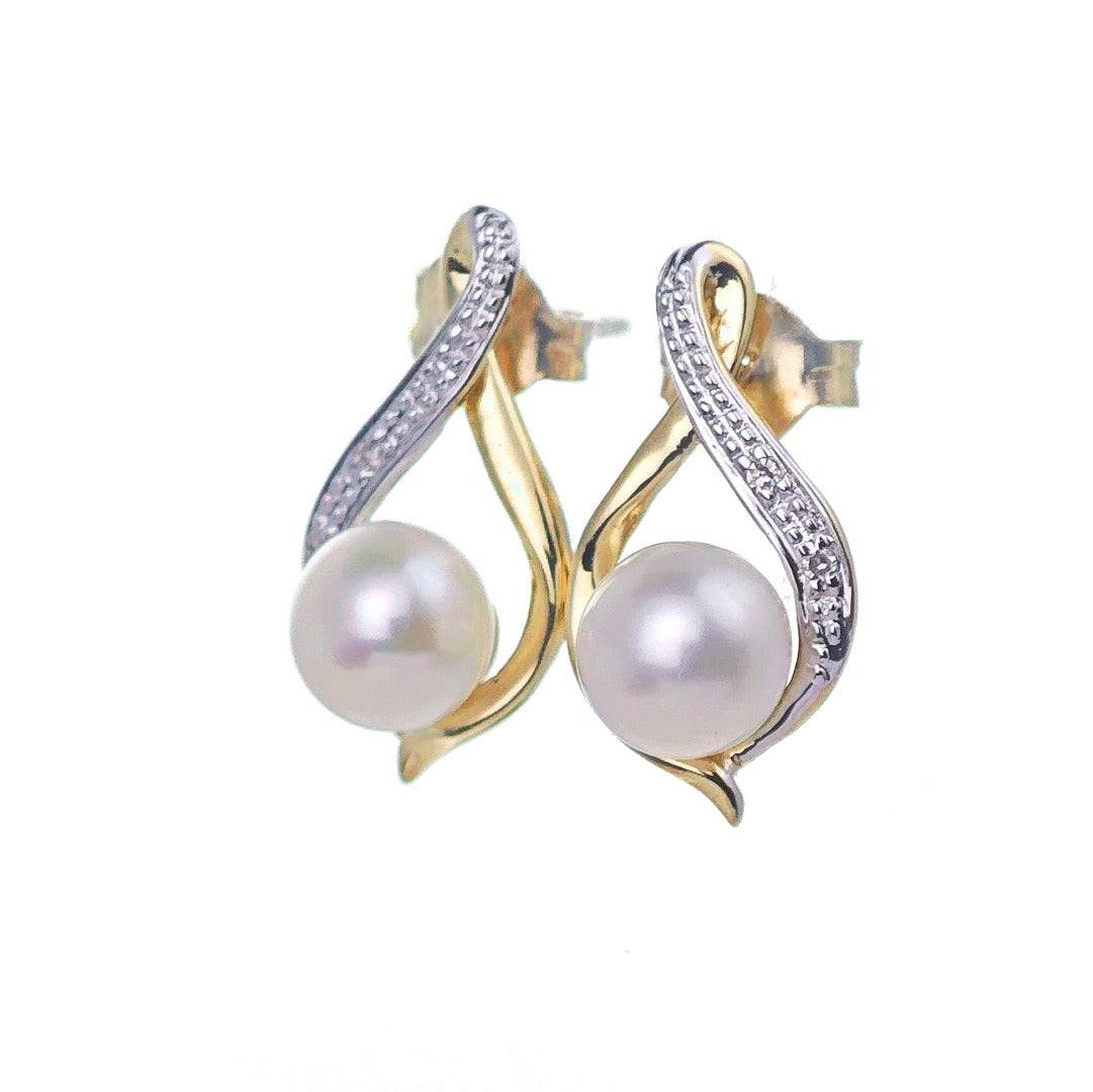 9ct Fresh Water Pearl Diamond Earrings Gold Studs Natural Gemstones