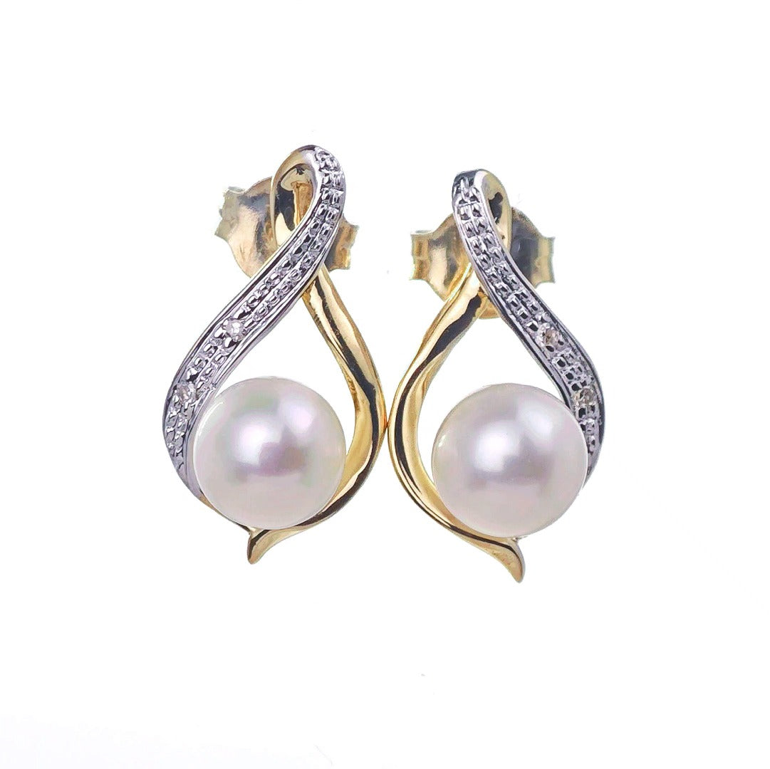 9ct Fresh Water Pearl Diamond Earrings Gold Studs Natural Gemstones
