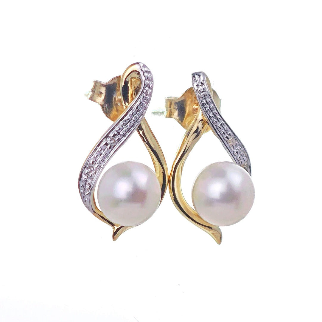 9ct Fresh Water Pearl Diamond Earrings Gold Studs Natural Gemstones