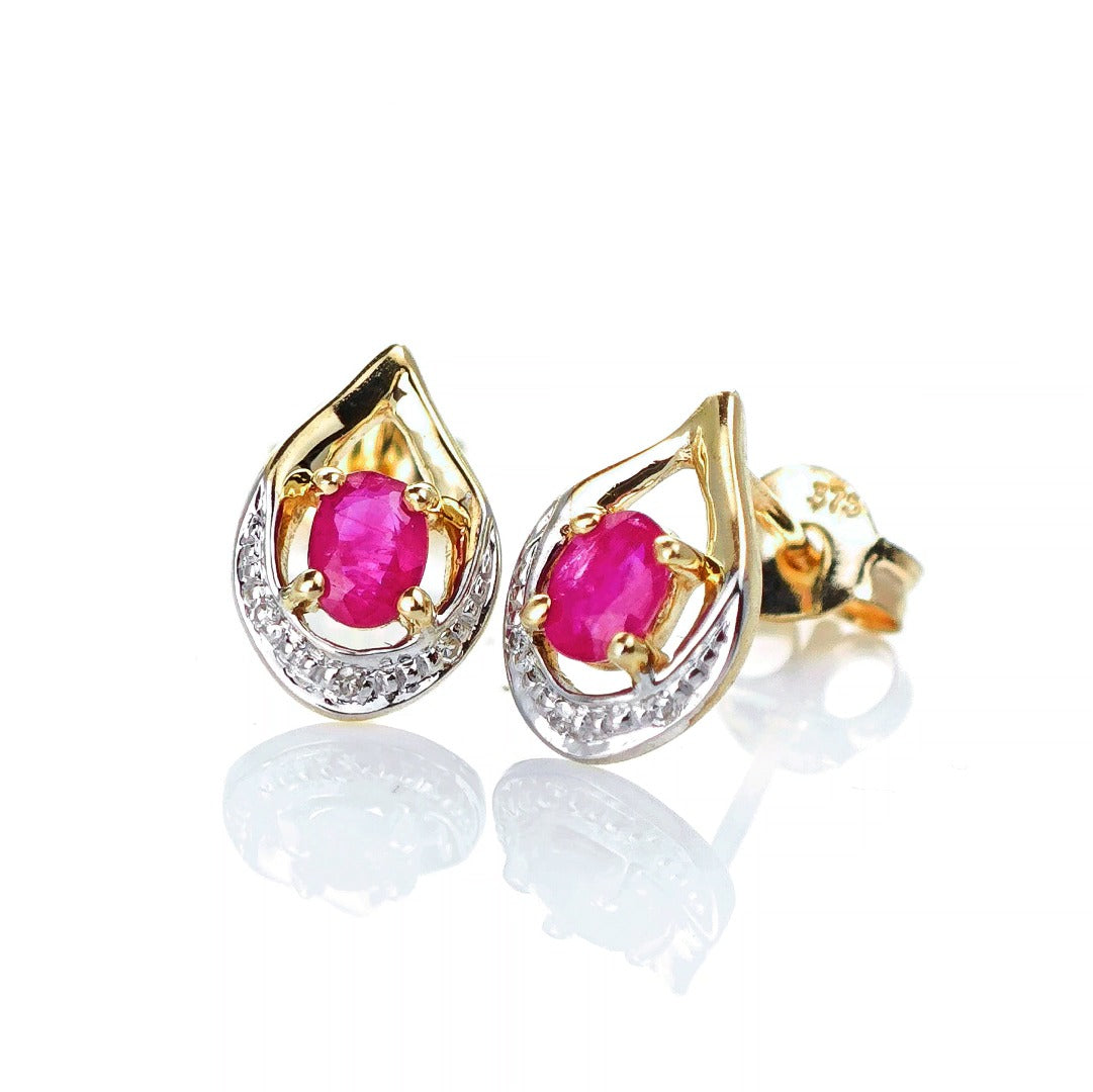 9ct Ruby Diamond Earrings Gold Studs Natural Red Gemstones 0.37ct