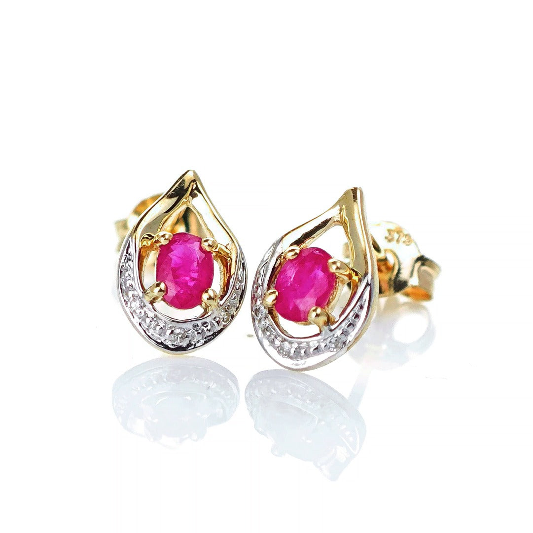 9ct Ruby Diamond Earrings Gold Studs Natural Red Gemstones 0.37ct