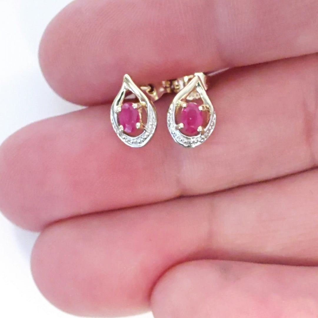 9ct Ruby Diamond Earrings Gold Studs Natural Red Gemstones 0.37ct