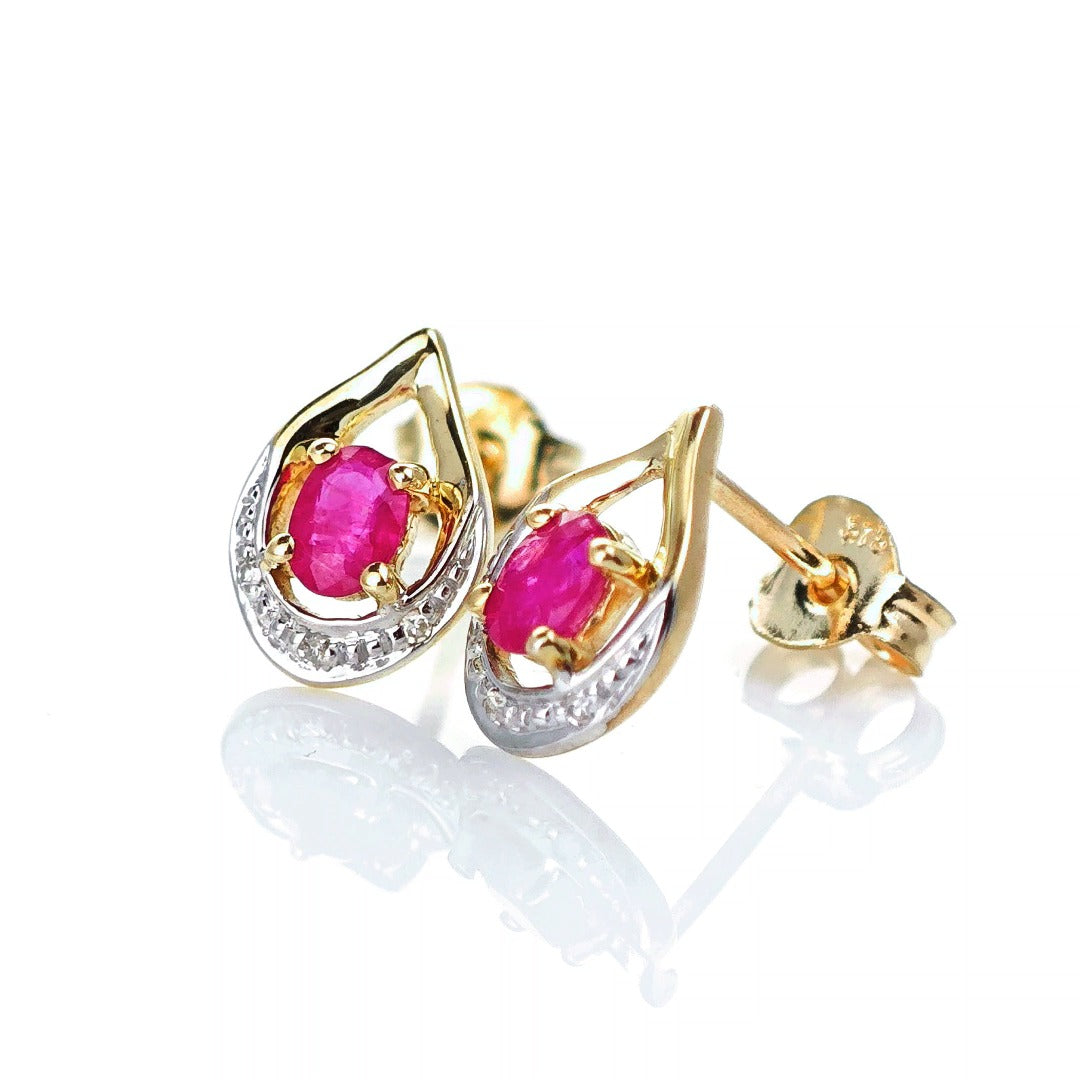 9ct Ruby Diamond Earrings Gold Studs Natural Red Gemstones 0.37ct