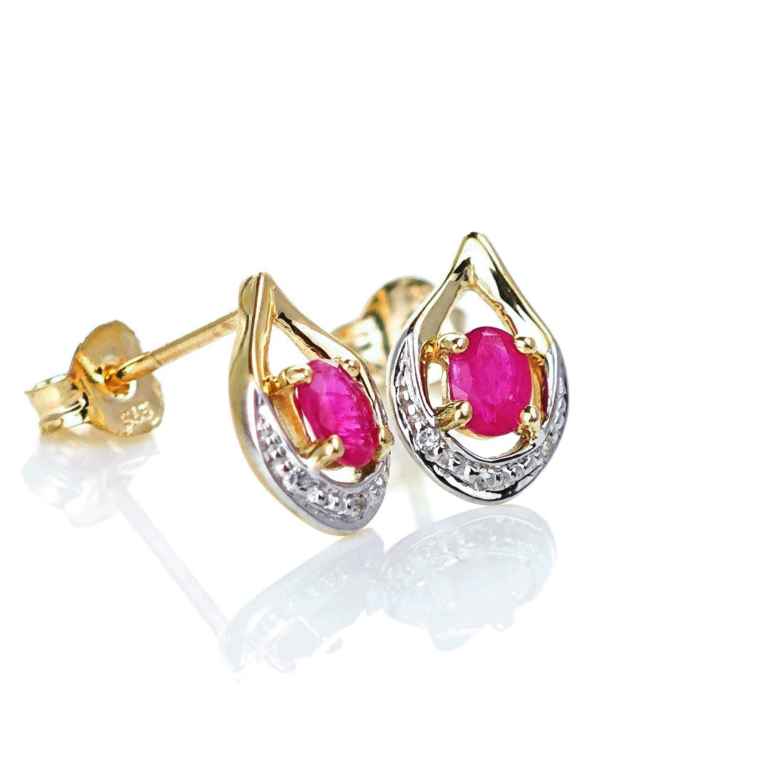 9ct Ruby Diamond Earrings Gold Studs Natural Red Gemstones 0.37ct
