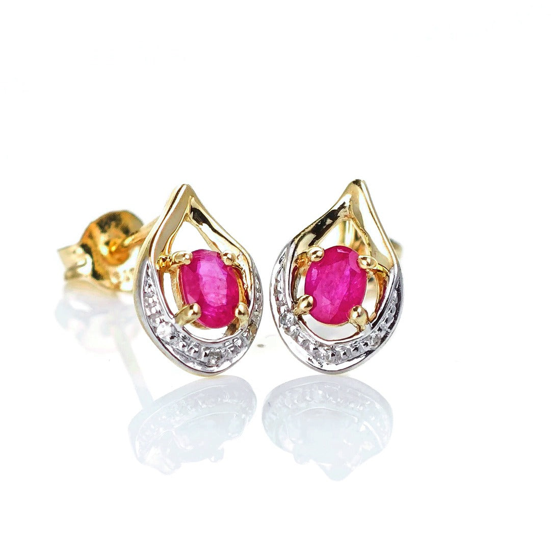 9ct Ruby Diamond Earrings Gold Studs Natural Red Gemstones 0.37ct