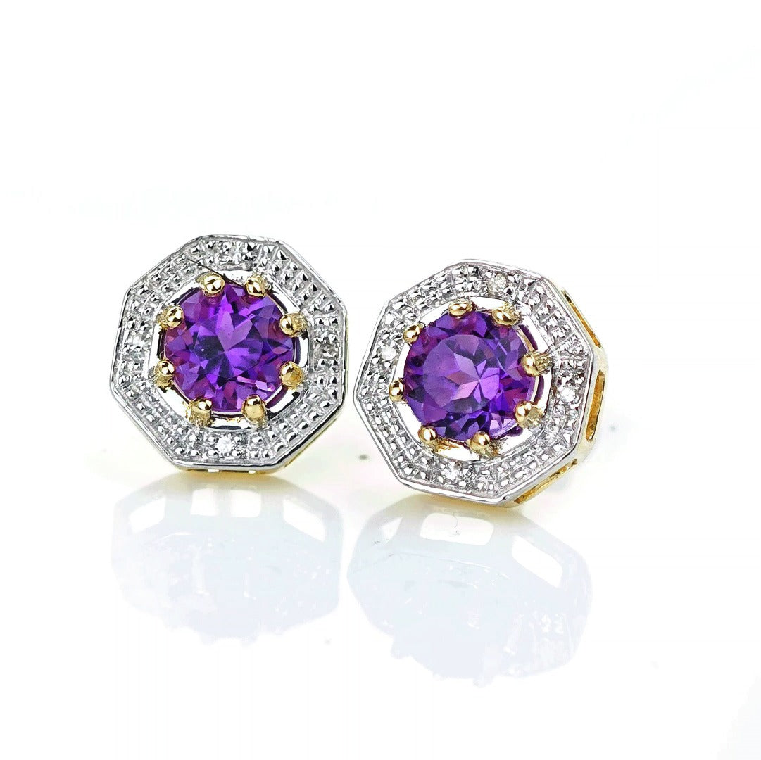 9ct Amethyst Diamond Earrings Gold Studs Natural Purple Gemstones 0.95ct