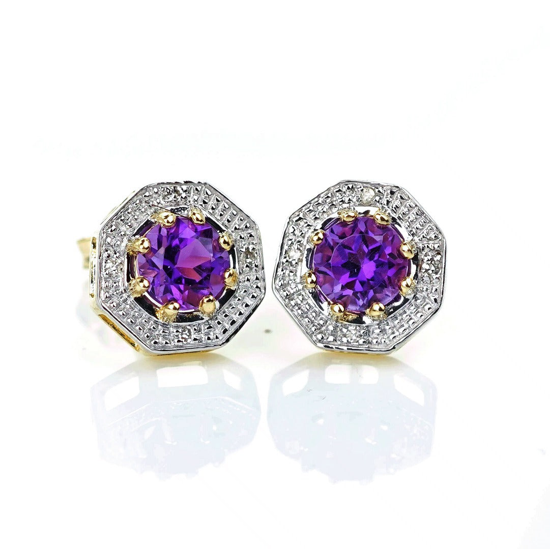 9ct Amethyst Diamond Earrings Gold Studs Natural Purple Gemstones 0.95ct