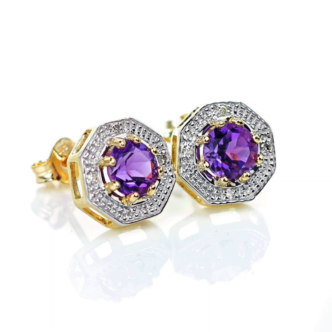 9ct Amethyst Diamond Earrings Gold Studs Natural Purple Gemstones 0.95ct