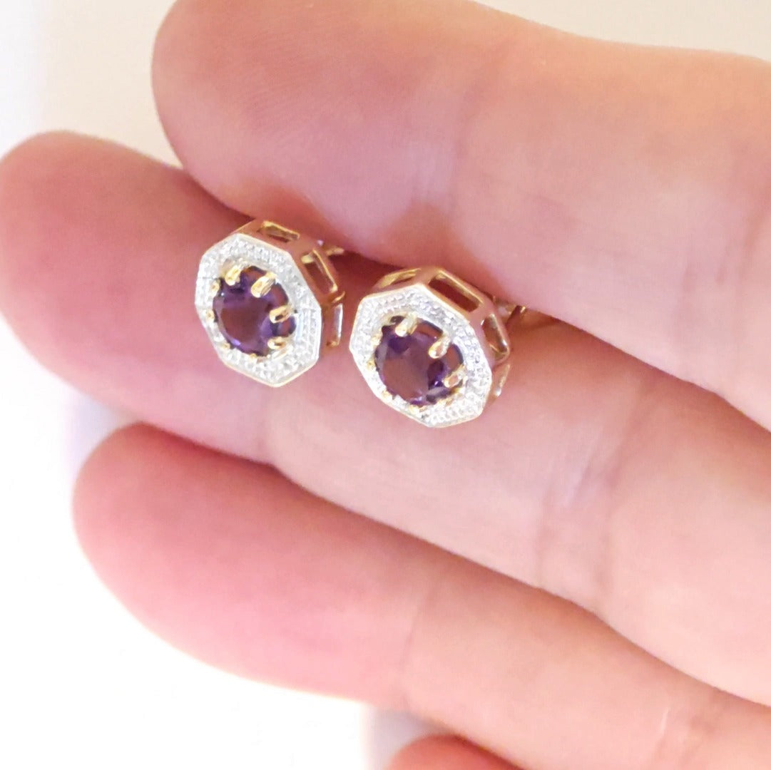 9ct Amethyst Diamond Earrings Gold Studs Natural Purple Gemstones 0.95ct