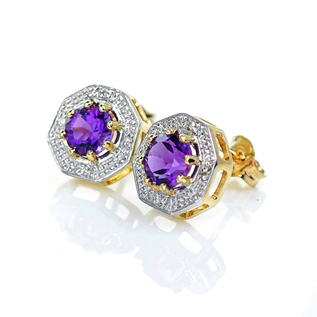 9ct Amethyst Diamond Earrings Gold Studs Natural Purple Gemstones 0.95ct