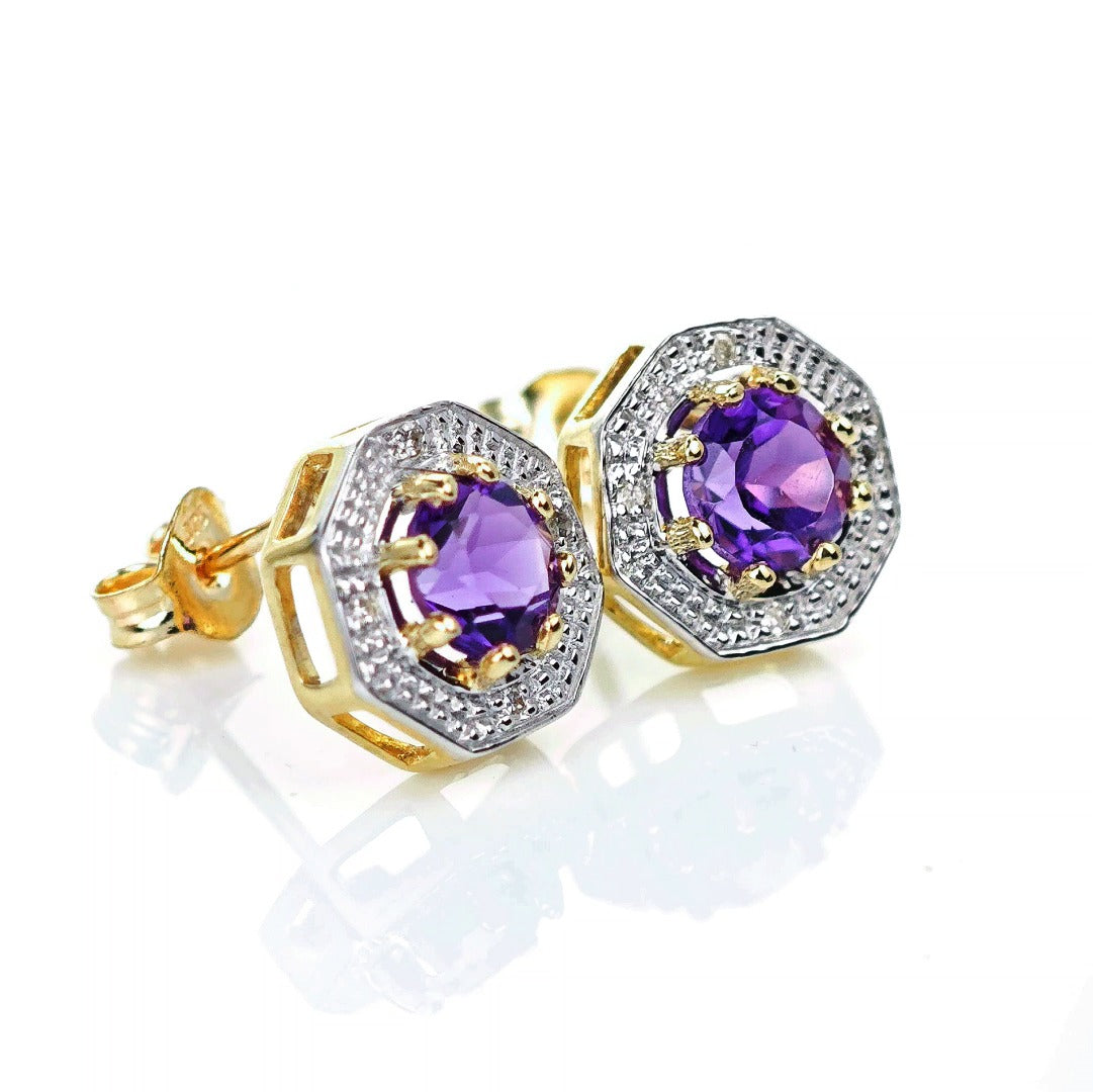 9ct Amethyst Diamond Earrings Gold Studs Natural Purple Gemstones 0.95ct
