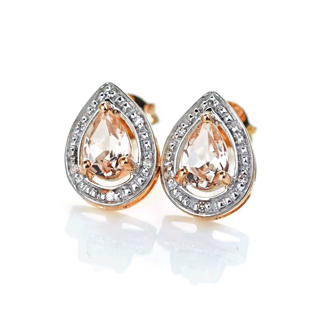 9ct Morganite Diamond Earrings Gold Studs Natural Gemstones 0.70ct