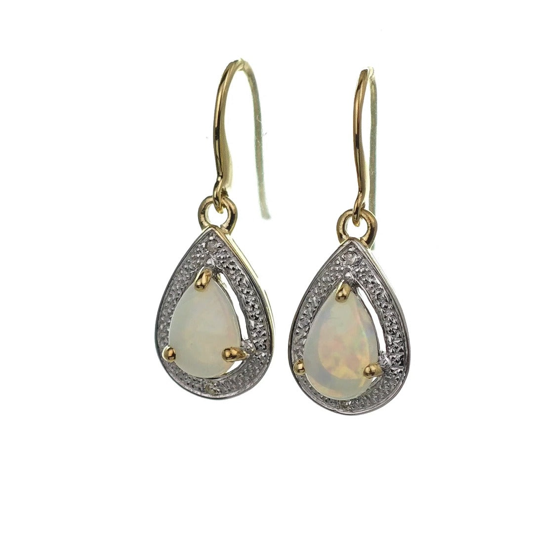 9ct Opal Dangle Earrings Gold Diamond Natural White Pear Gemstones 0.72ct