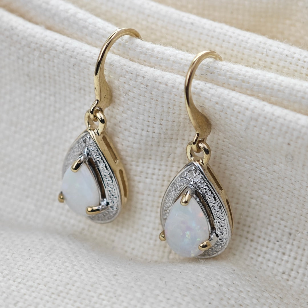 9ct Opal Dangle Earrings Gold Diamond Natural White Pear Gemstones 0.72ct