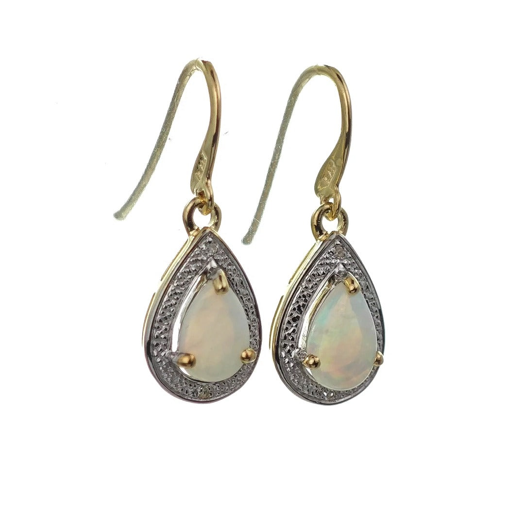 9ct Opal Dangle Earrings Gold Diamond Natural White Pear Gemstones 0.72ct