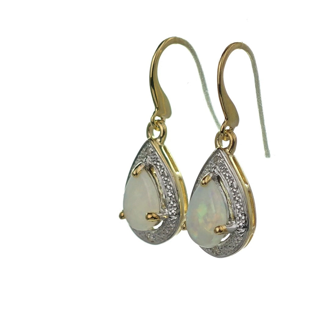 9ct Opal Dangle Earrings Gold Diamond Natural White Pear Gemstones 0.72ct