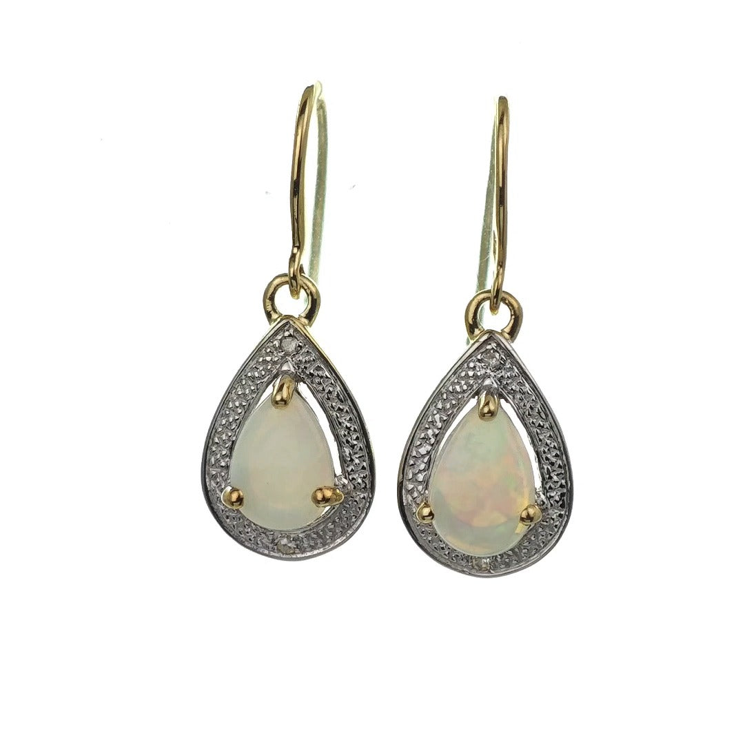 9ct Opal Dangle Earrings Gold Diamond Natural White Pear Gemstones 0.72ct