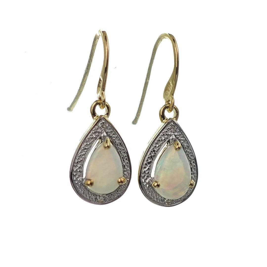9ct Opal Dangle Earrings Gold Diamond Natural White Pear Gemstones 0.72ct