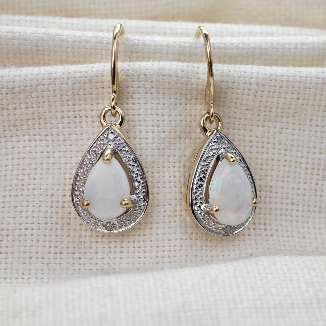 9ct Opal Dangle Earrings Gold Diamond Natural White Pear Gemstones 0.72ct