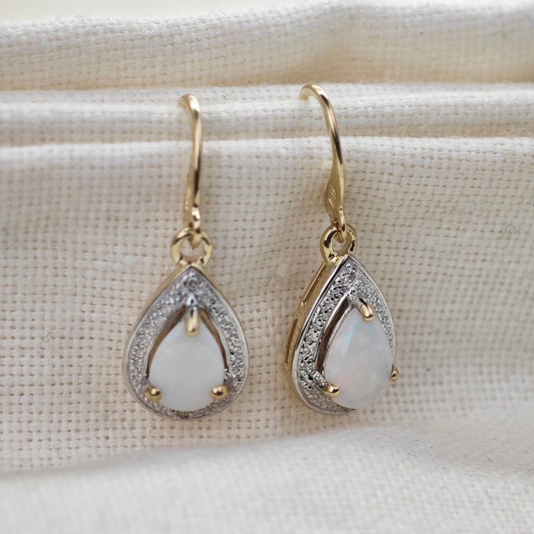 9ct Opal Dangle Earrings Gold Diamond Natural White Pear Gemstones 0.72ct