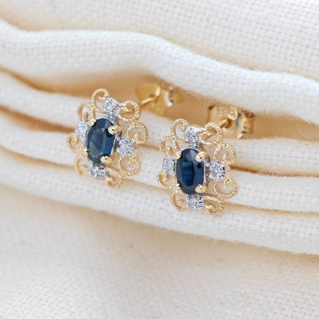 9ct Sapphire Diamond Earrings Gold Studs Natural Blue Gemstones 0.64ct Boxed Gift