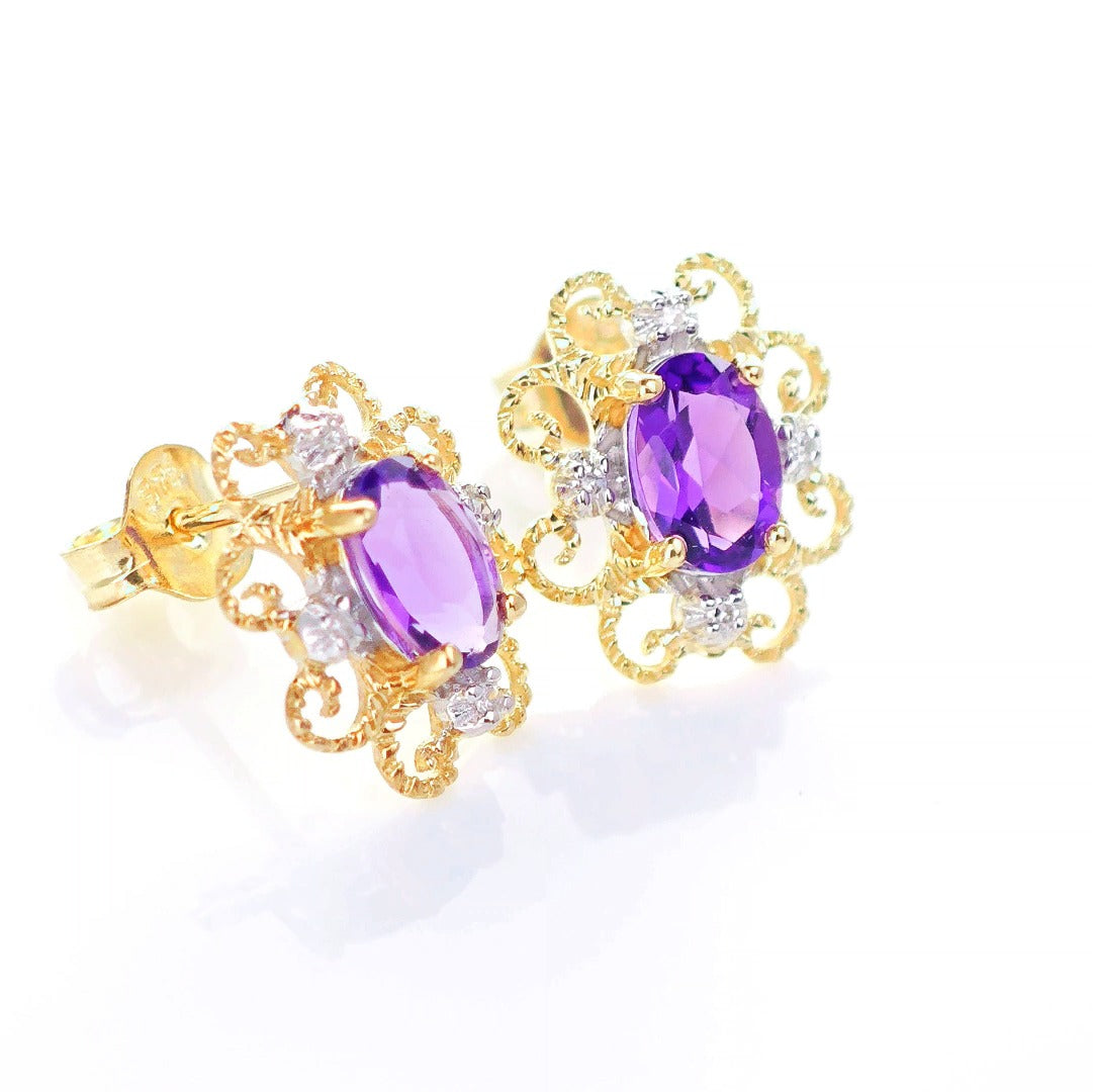 9ct Amethyst Diamond Earrings Gold Studs Natural Purple Gemstones 0.80ct