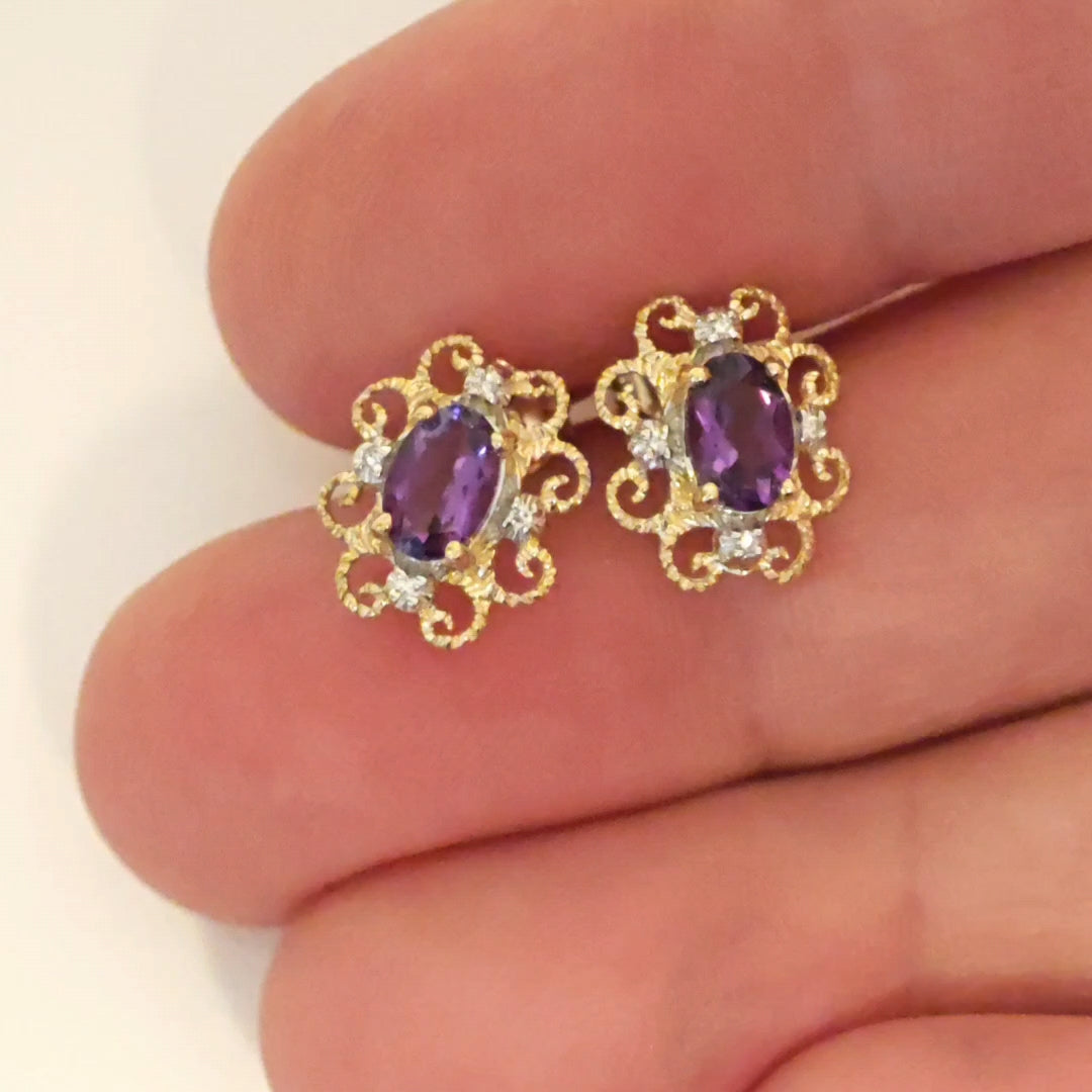 9ct Amethyst Diamond Earrings Gold Studs Natural Purple Gemstones 0.80ct