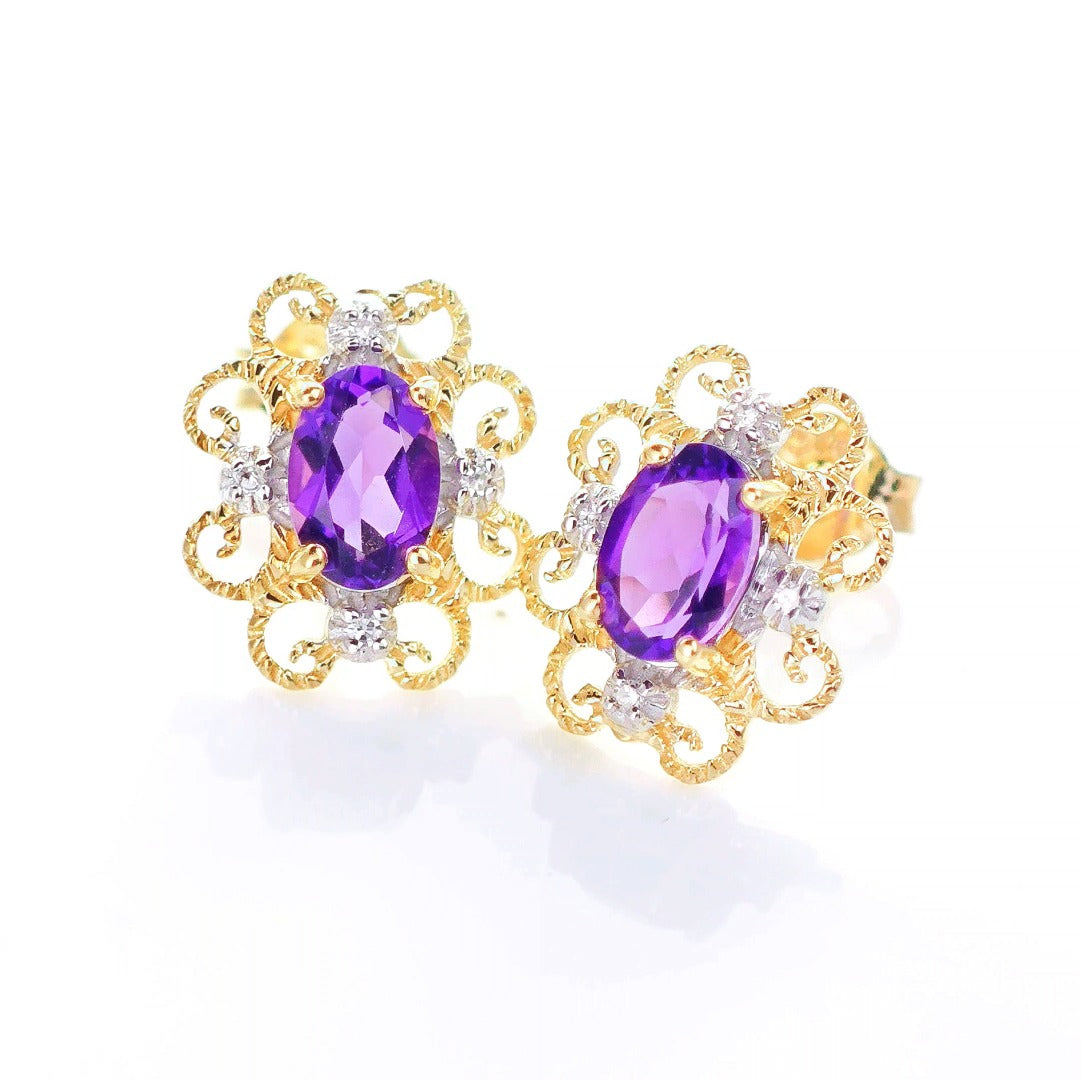9ct Amethyst Diamond Earrings Gold Studs Natural Purple Gemstones 0.80ct