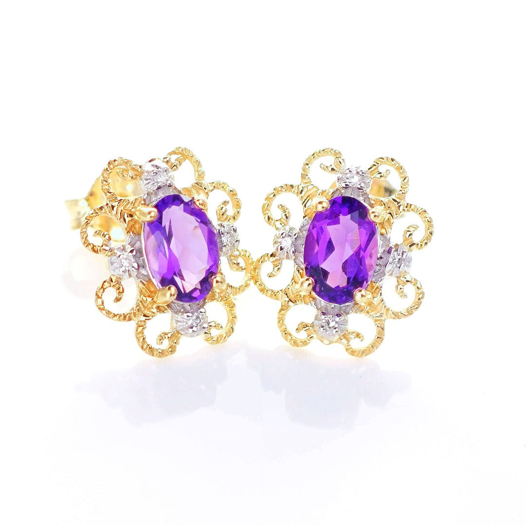 9ct Amethyst Diamond Earrings Gold Studs Natural Purple Gemstones 0.80ct