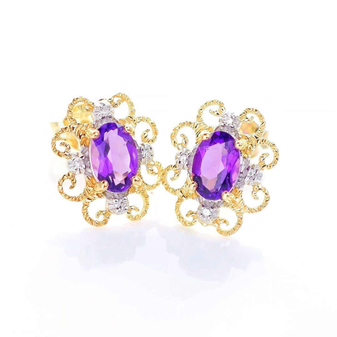 9ct Amethyst Diamond Earrings Gold Studs Natural Purple Gemstones 0.80ct