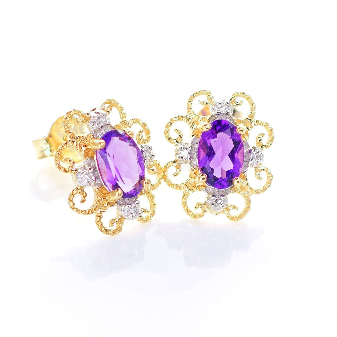9ct Amethyst Diamond Earrings Gold Studs Natural Purple Gemstones 0.80ct
