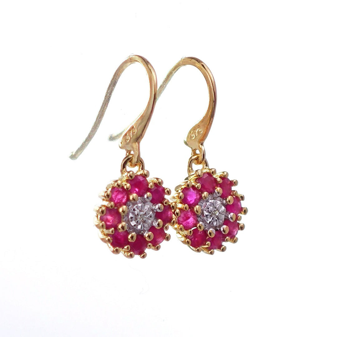 9ct Ruby Diamond Earrings Gold Hook Natural Red Gemstones 0.7ct