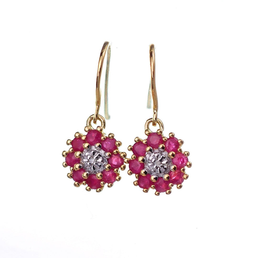 9ct Ruby Diamond Earrings Gold Hook Natural Red Gemstones 0.7ct