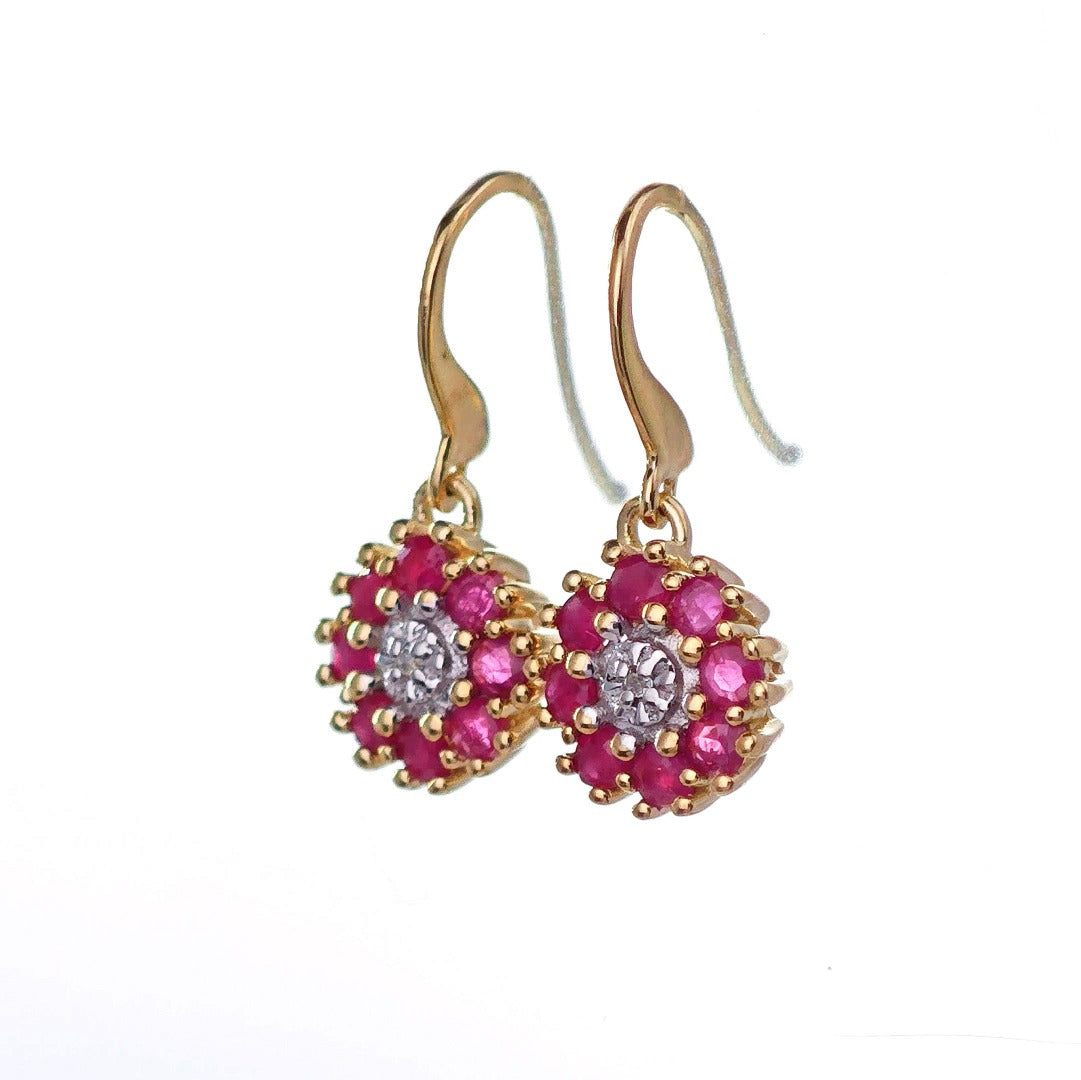 9ct Ruby Diamond Earrings Gold Hook Natural Red Gemstones 0.7ct