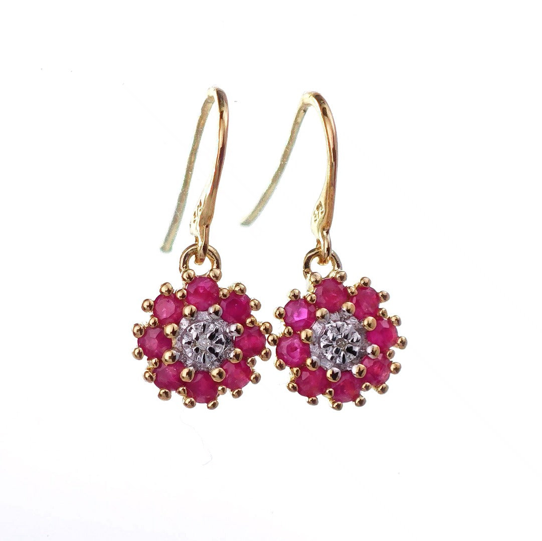 9ct Ruby Diamond Earrings Gold Hook Natural Red Gemstones 0.7ct