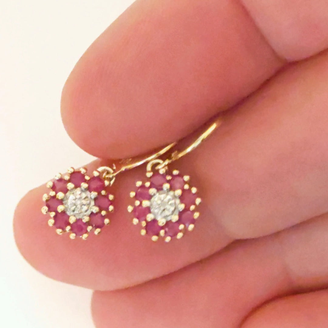 9ct Ruby Diamond Earrings Gold Hook Natural Red Gemstones 0.7ct